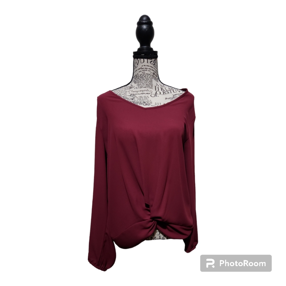 Loft, Size M, Burgundy, Twist Bottom Long Sleeve Blouse